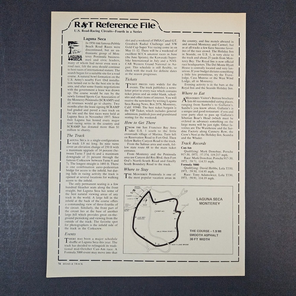 1974 R&T Road & Track Reference‎ File Laguna Seca Monterey Vintage Print Ad Shop